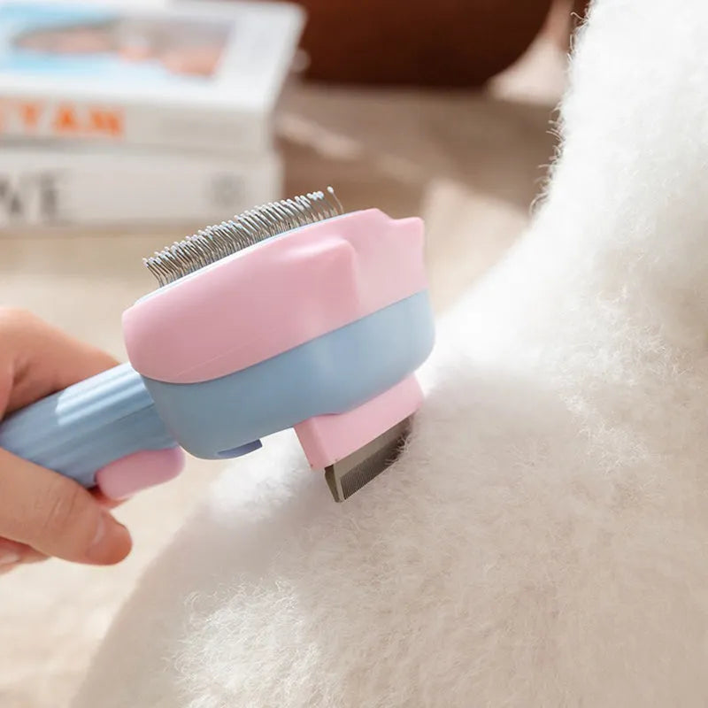 Blue pet grooming brush with double-sided de-shedding rake and de-matting comb, measuring 195mm long