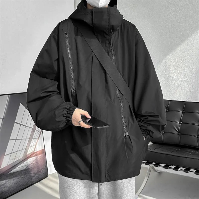 Men's waterproof windproof shell jacket in black, apricot, red or brown, long sleeve, side seam pockets, sizes M to 5XL
