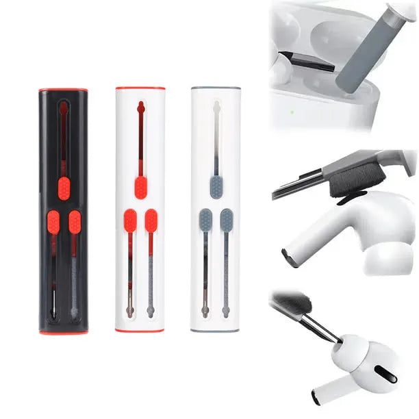 White and red cleaning pen for AirPods Pro with multiple heads including a brush and metal nib.