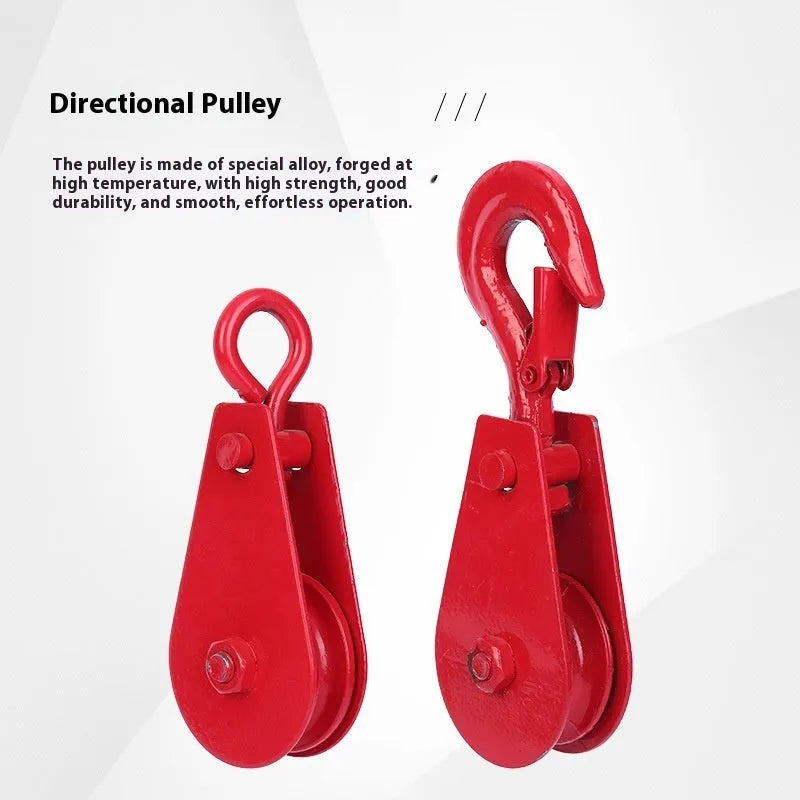 Red or galvanised lifting pulley with safety latch and forged steel hook for industrial use.