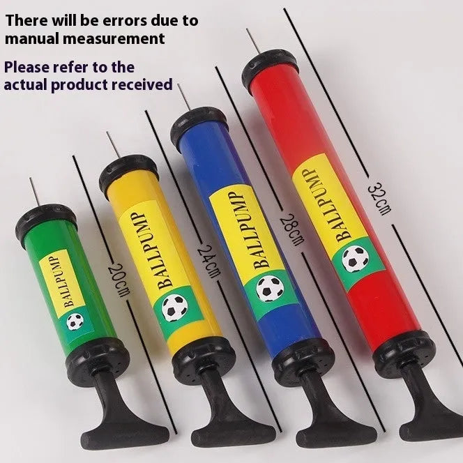 Mixed colour manual pump for inflating balls, available in sizes 20cm, 24cm, 28cm, and 32cm