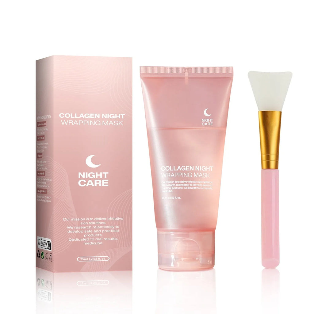 Collagen night face mask in 75ml bottle with application brush for skin firming and hydration