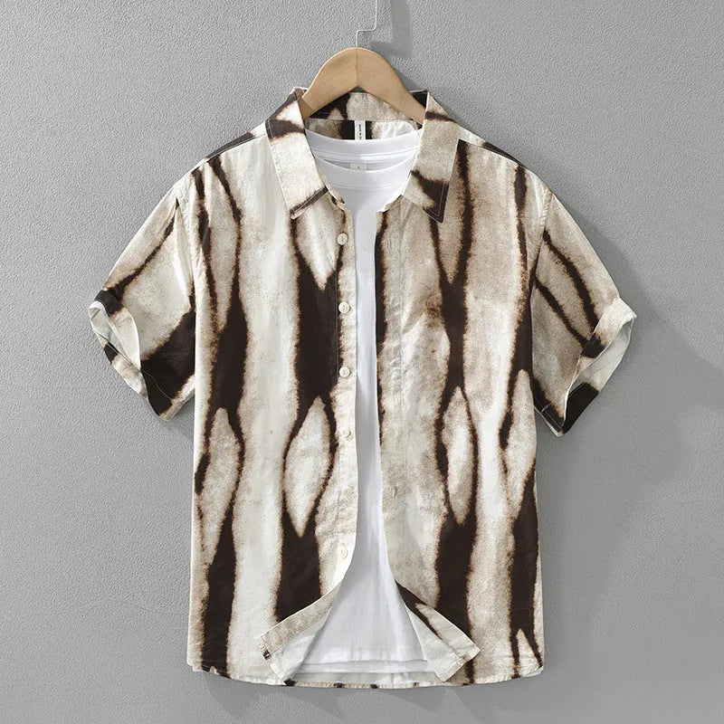 Retro striped short sleeve shirt in pure cotton, black and brown stripes, loose cardigan style, non-ironing feature