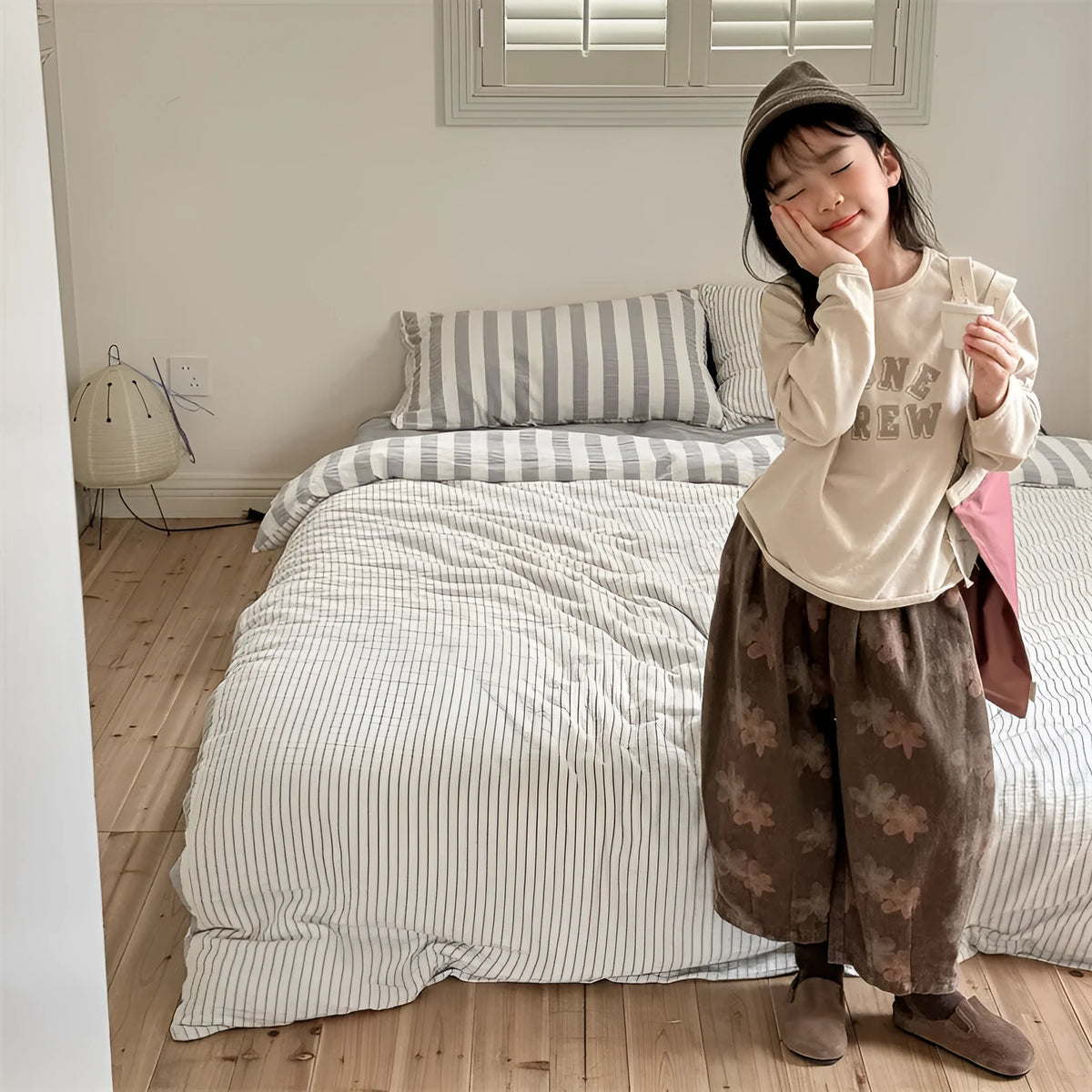 Pure cotton children's casual pants in grey or brown with high waist and hair band belt, sizes 80cm to 130cm