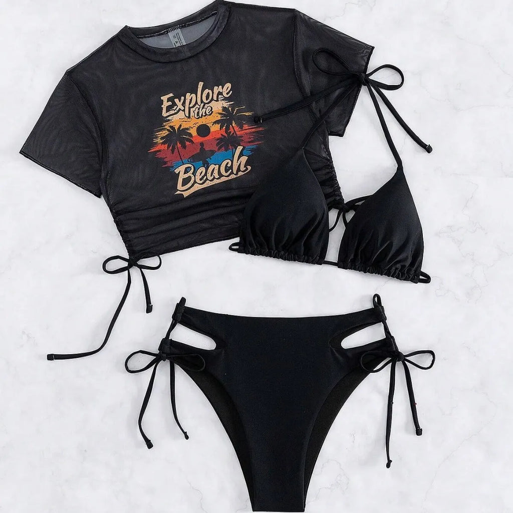 Women's three-piece bikini swimsuit in nylon fabric, shown in black, white, pink, and orange red colour options.