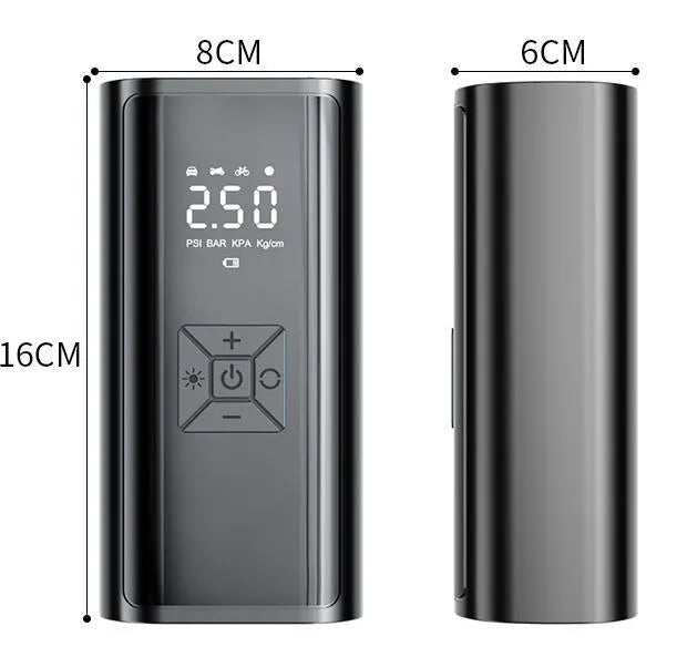 Portable wireless digital car tyre pump with display screen and USB charging port