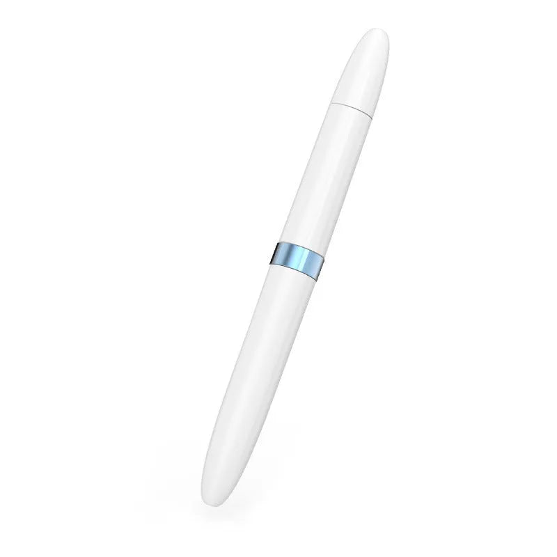 A blue headphone cleaning pen with a metal nib, brush, and sponge for cleaning electronics.