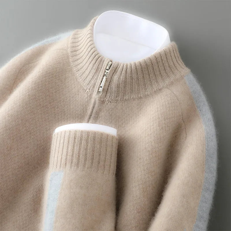Sheep wool sweater with half-height zip and round neck in slim fit, showing standard wool yarn texture