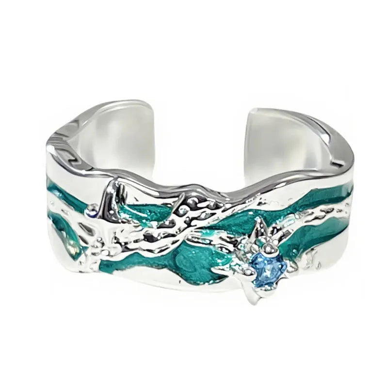 Mint green enamel eight-point asterism ring with irregular folding copper design