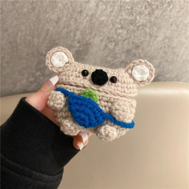 Handmade knitted koala bear backpack cover for AirPods protection with embroidered features
