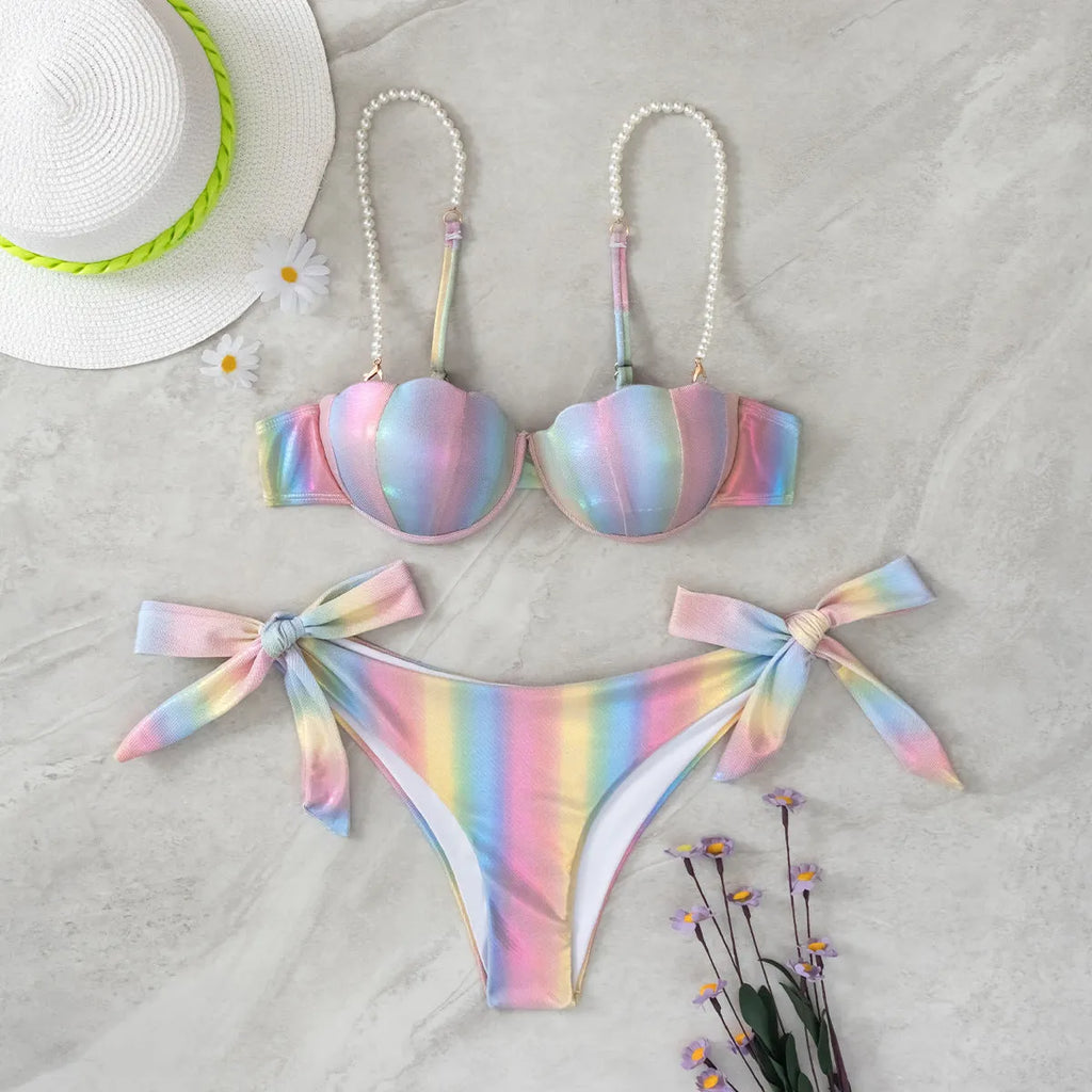 Women's shell rainbow pattern bikini swimsuit with split tied design in polyester fabric