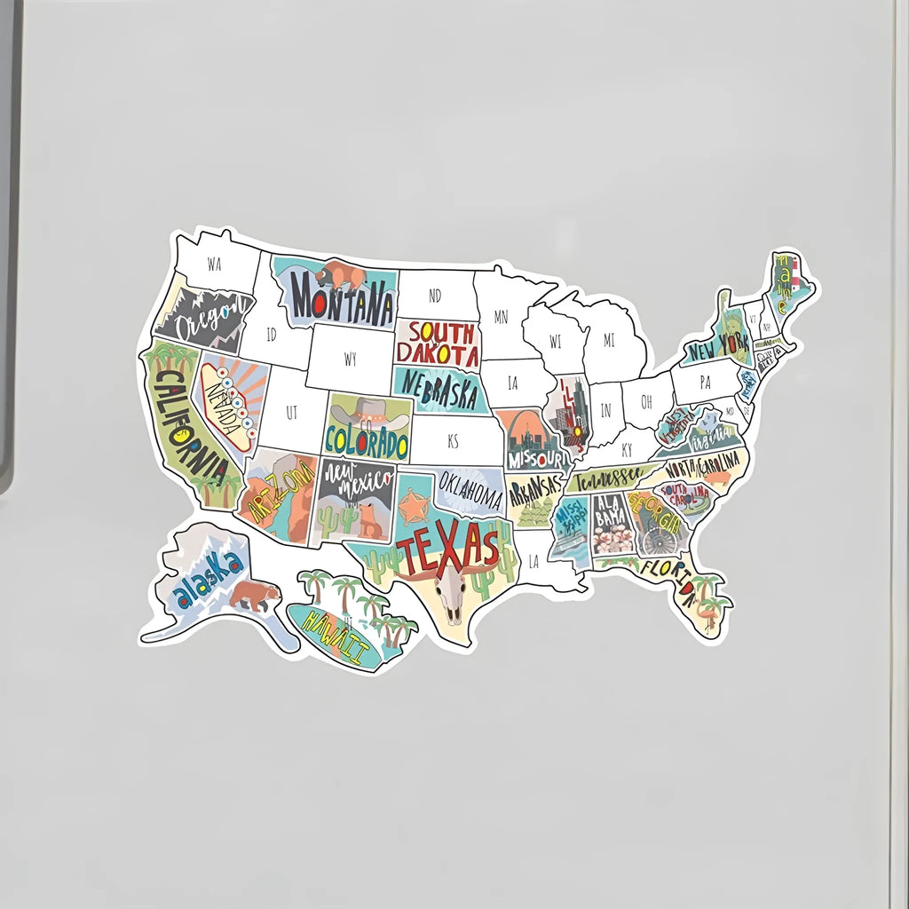 Travel-themed car body sticker set showing two style designs with blank white background map for destination tracking