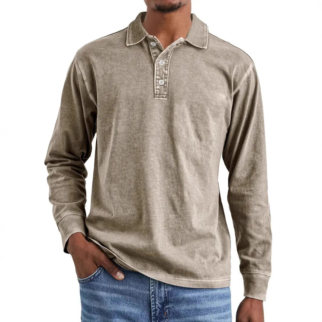 Retro washed distressed cotton lapel long sleeve polo shirt in Army Green colour showing lapel collar detail and long sleeves