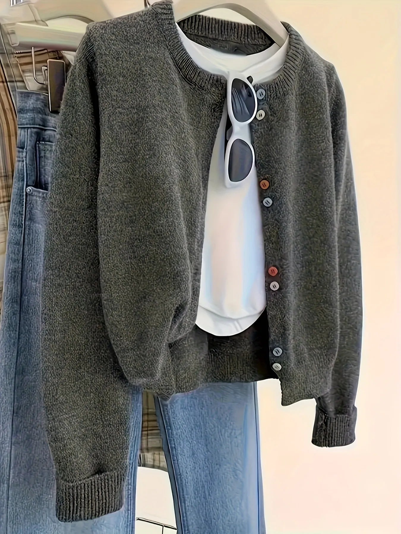 Women's dark grey button-front polyester cardigan with 50cm length and long sleeves for commuter wear