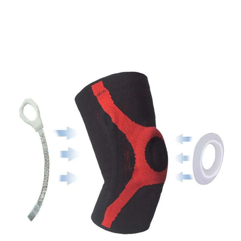 Red and grey silicone non-slip sports knee pads for running and climbing protection.