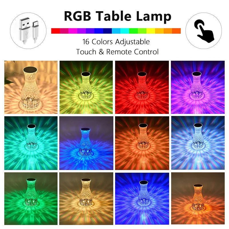 Vase-shaped crystal table lamp with remote control and USB charging port, 9cm wide by 19cm tall