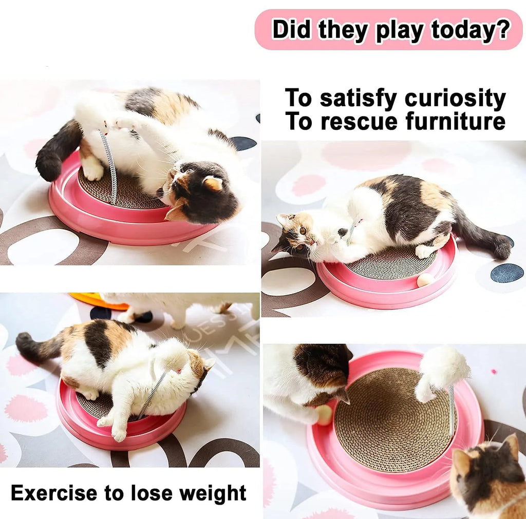 Blue cat scratcher with circular base, corrugated cardboard pad, and ball in track for interactive play