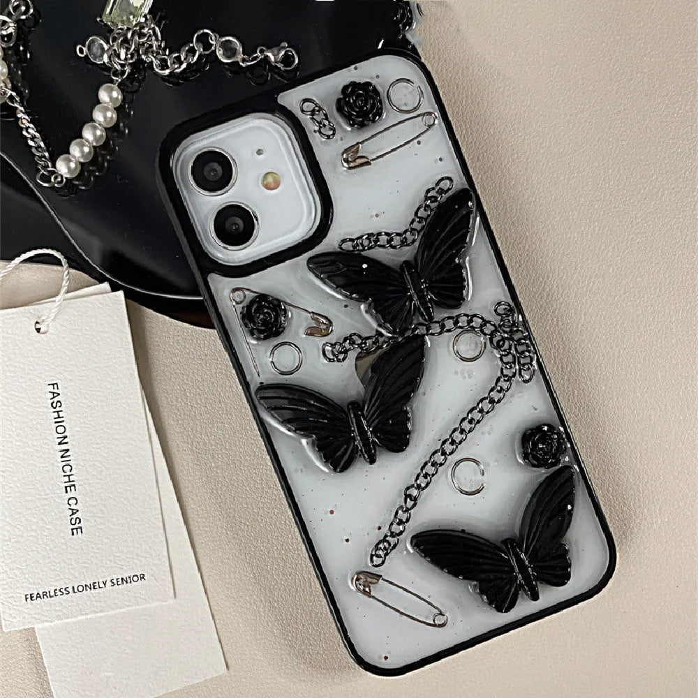 Dark wind 3D butterfly phone case with black bow and drop glue texture for Apple iPhone models.