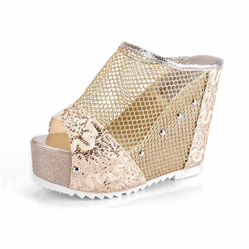 Hollowed-out heel chunky platform sandals in black, gold, or silver with mesh upper and viscose sole