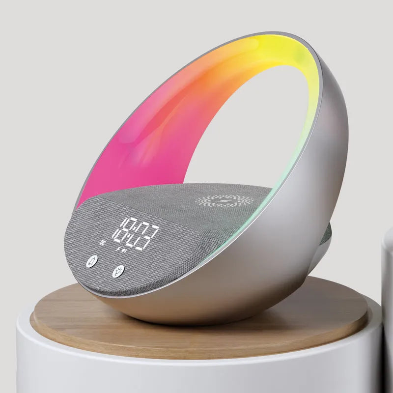 Beige multifunctional wireless charger clock with digital display, fabric speaker grille, and LED wake-up light on a wooden surface.