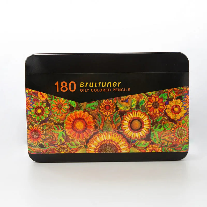 180 oil-based coloured pencils in wooden barrels stored in iron box for drawing and sketching