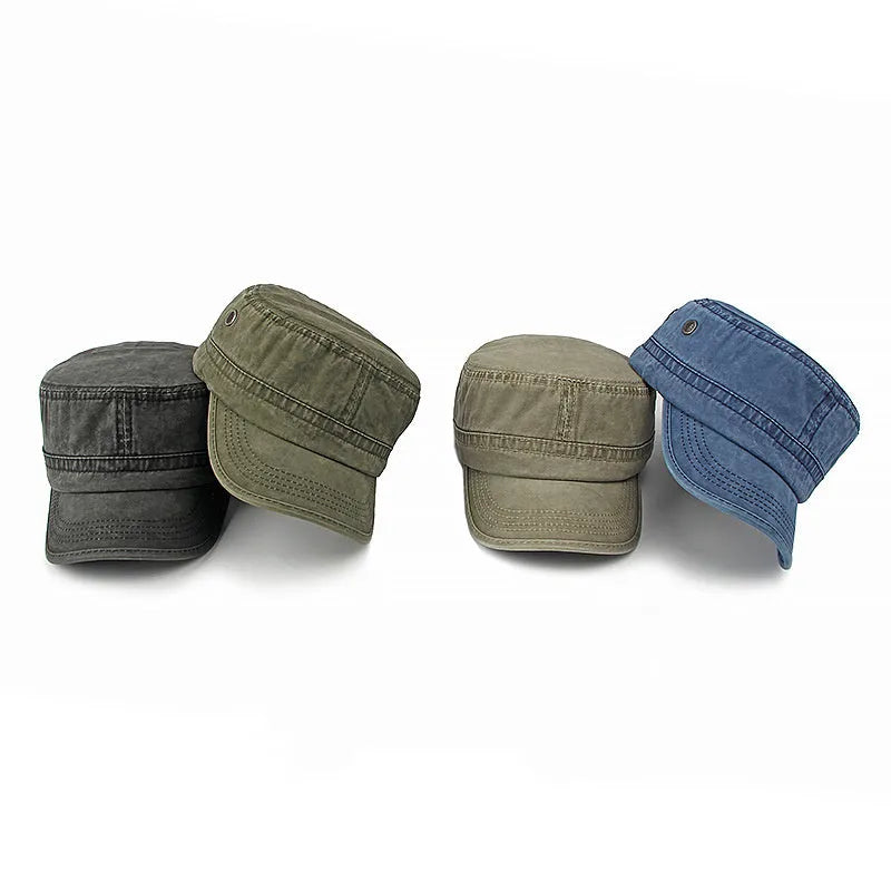 Adjustable flat top military cap in cotton fabric showing four colour options