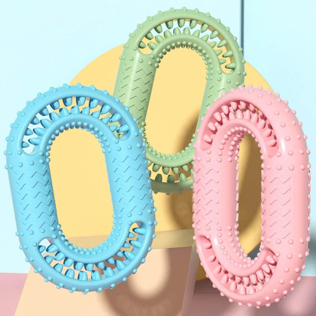 Blue O-ring shape pet toy for dog chewing teeth, measuring 12.5cm by 8.6cm, on a white background