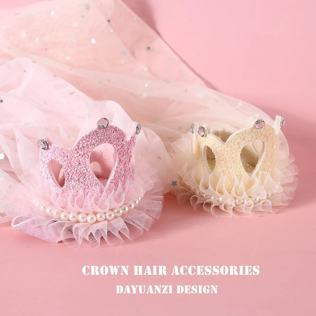 Adjustable princess crown headdress for cats with veil in beige or pink options, cotton-polyester material