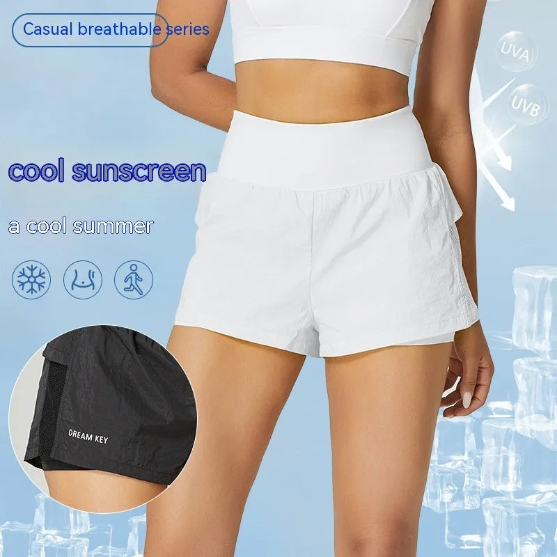 Cotton-blend women's loose fit quick-dry sports shorts in multiple colours on a size chart.