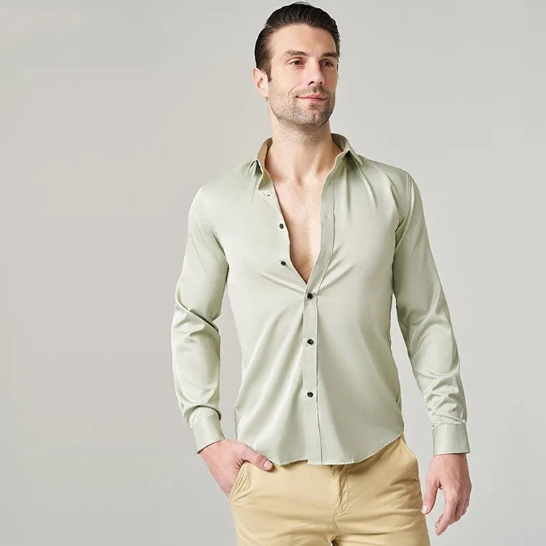 Men's stretch long sleeve work shirt in polyester fabric, showing size range and colour styles like 2-706