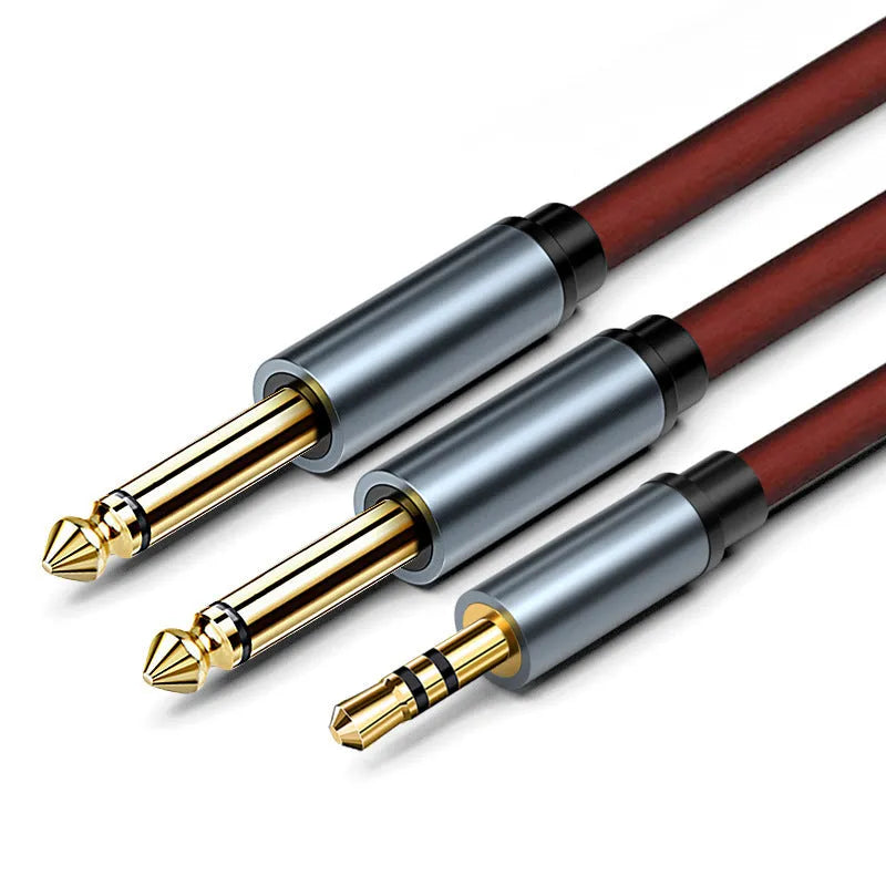 3.5mm to 6.5mm male-to-male audio cable with black sheath and gold-plated connectors.