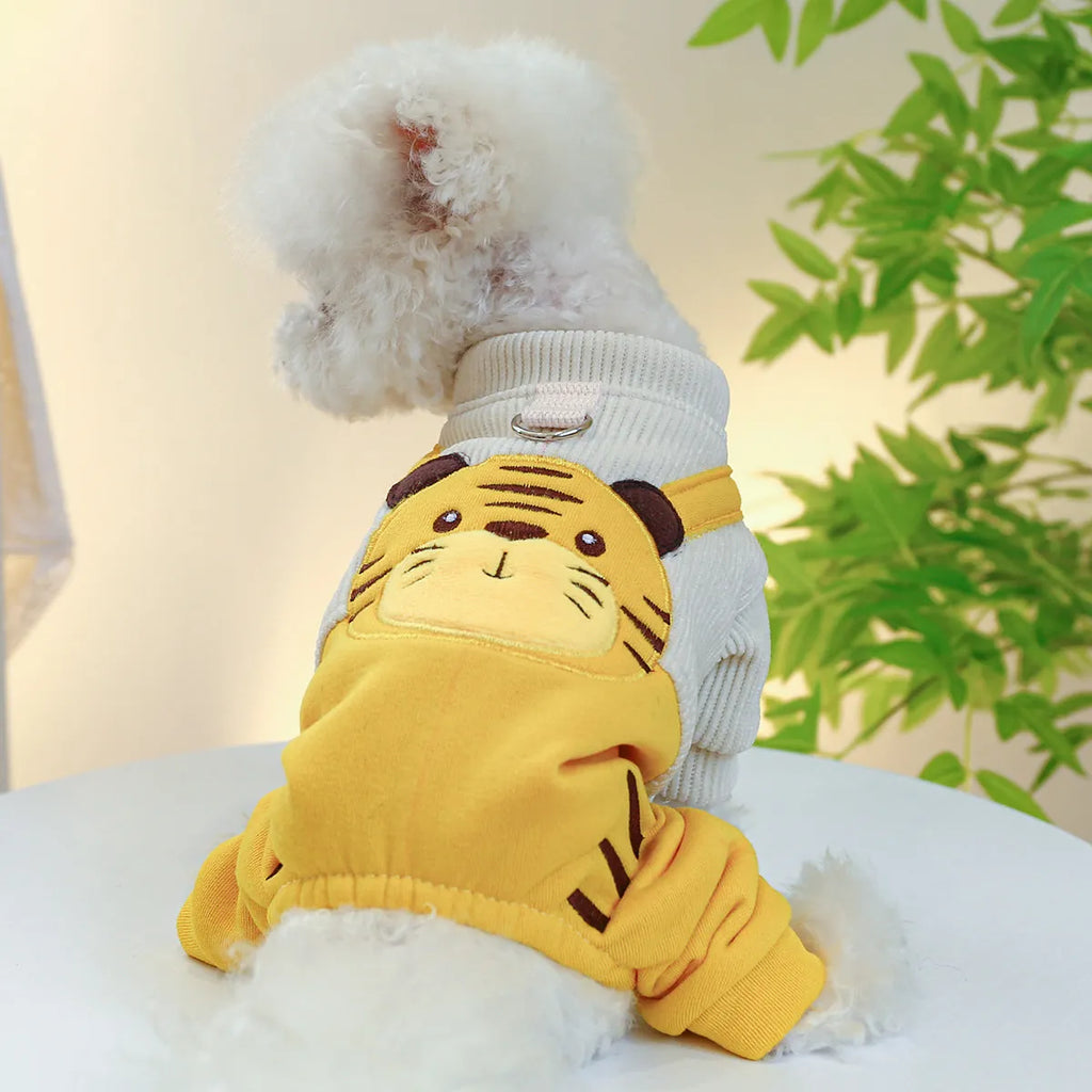 Corduroy dog suspender pants in Little Tiger overalls design, polyester pet clothing, sizes XS to XL