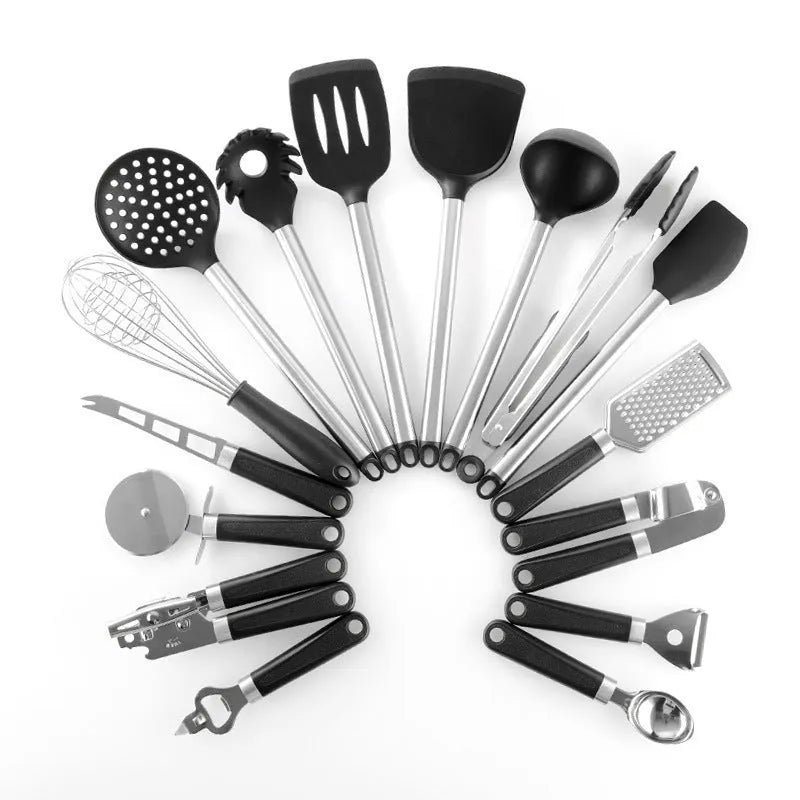 Black silicone and stainless steel 16-piece kitchen spatula and spoon set.
