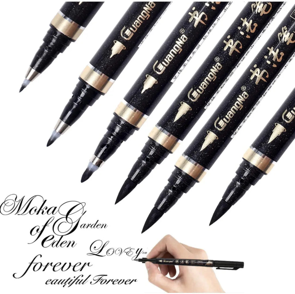 6 piece refillable calligraphy pen set with soft brush tip and plastic barrel in a box for sketching and script