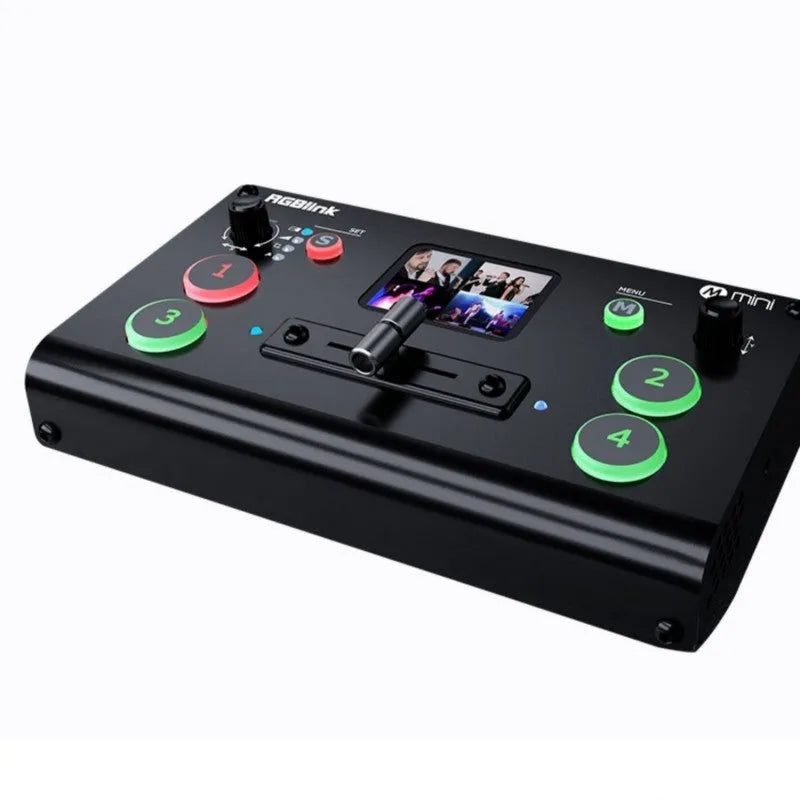 RGBLINK HDMI video switcher front panel showing TFT screen, T-Bar switch, and four HDMI inputs.
