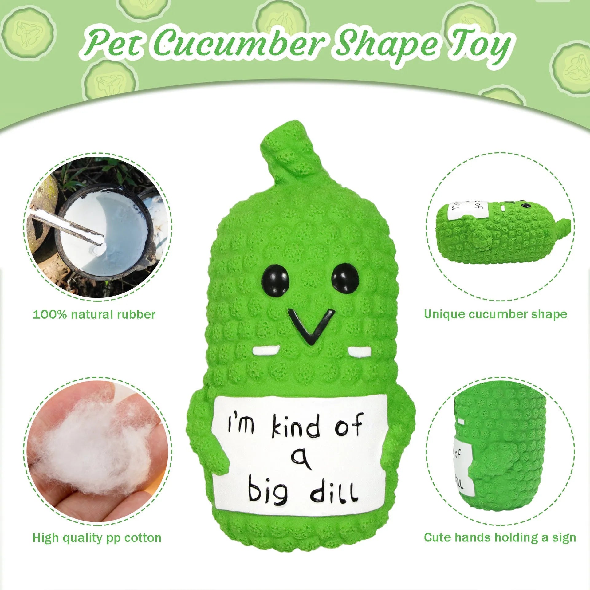 Green pickle squeaky dog toy with convex nubs for dental cleaning, measuring 13.6cm by 6cm