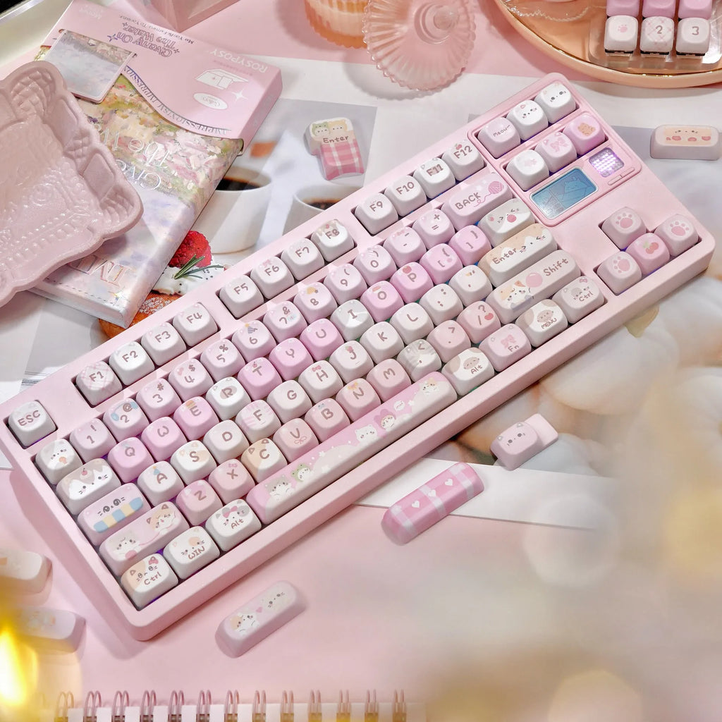 Pink MOA height keycaps with cartoon designs on all five sides for mechanical keyboard customisation