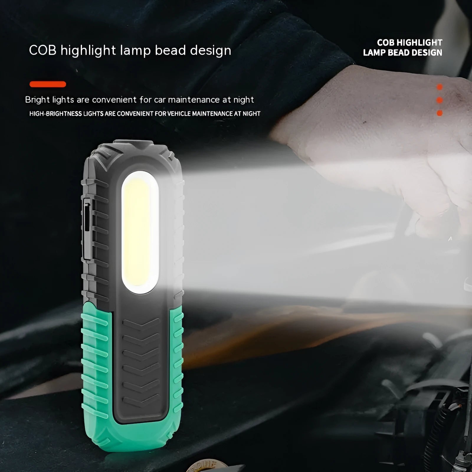 Black and green USB rechargeable auto repair work light with a durable plastic housing.