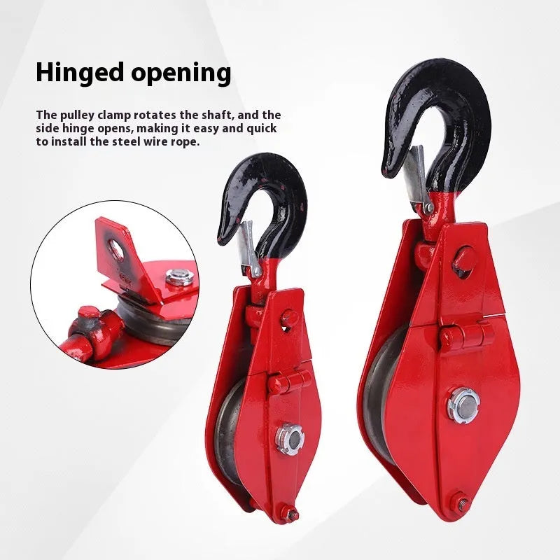 Red or galvanised lifting pulley with safety latch and forged steel hook for industrial use.