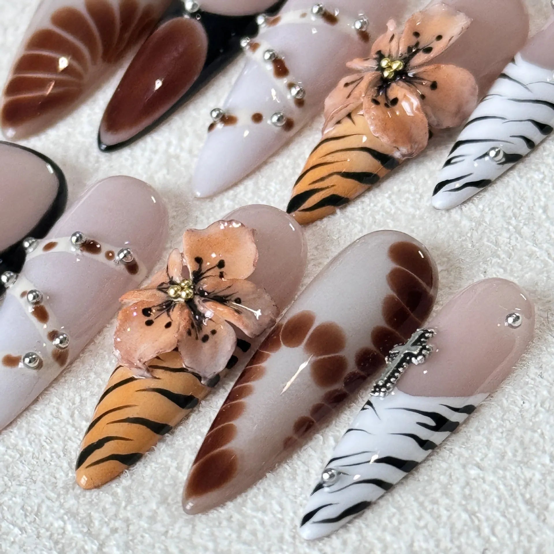 Handmade French style leopard print nail stickers with cross and flower patterns, 10 pieces pack, wear-resistant long tip design