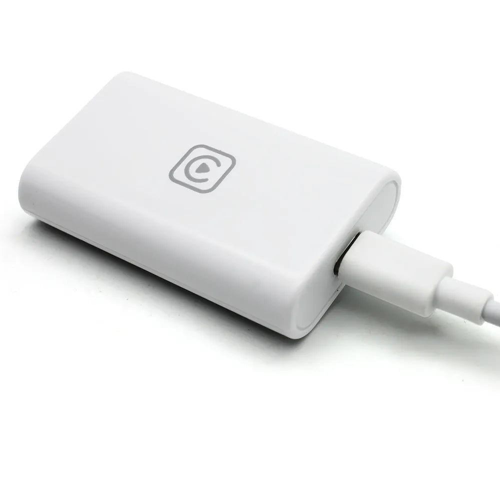 White wireless CarPlay box module, ABS, 120x90x35mm, USB powered, WiFi projection for in-car use