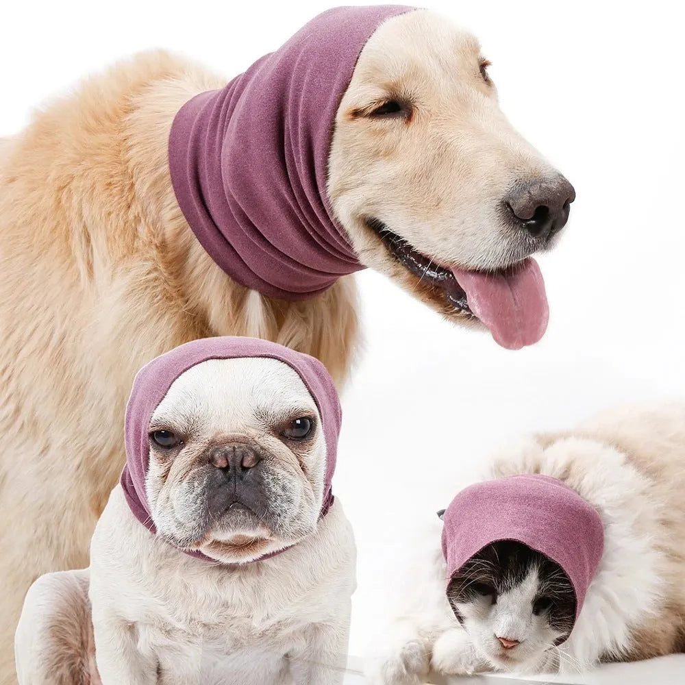 Cotton pet ear muffs in pink, black or purple with elastic scarf band, sizes S M L for dogs and cats