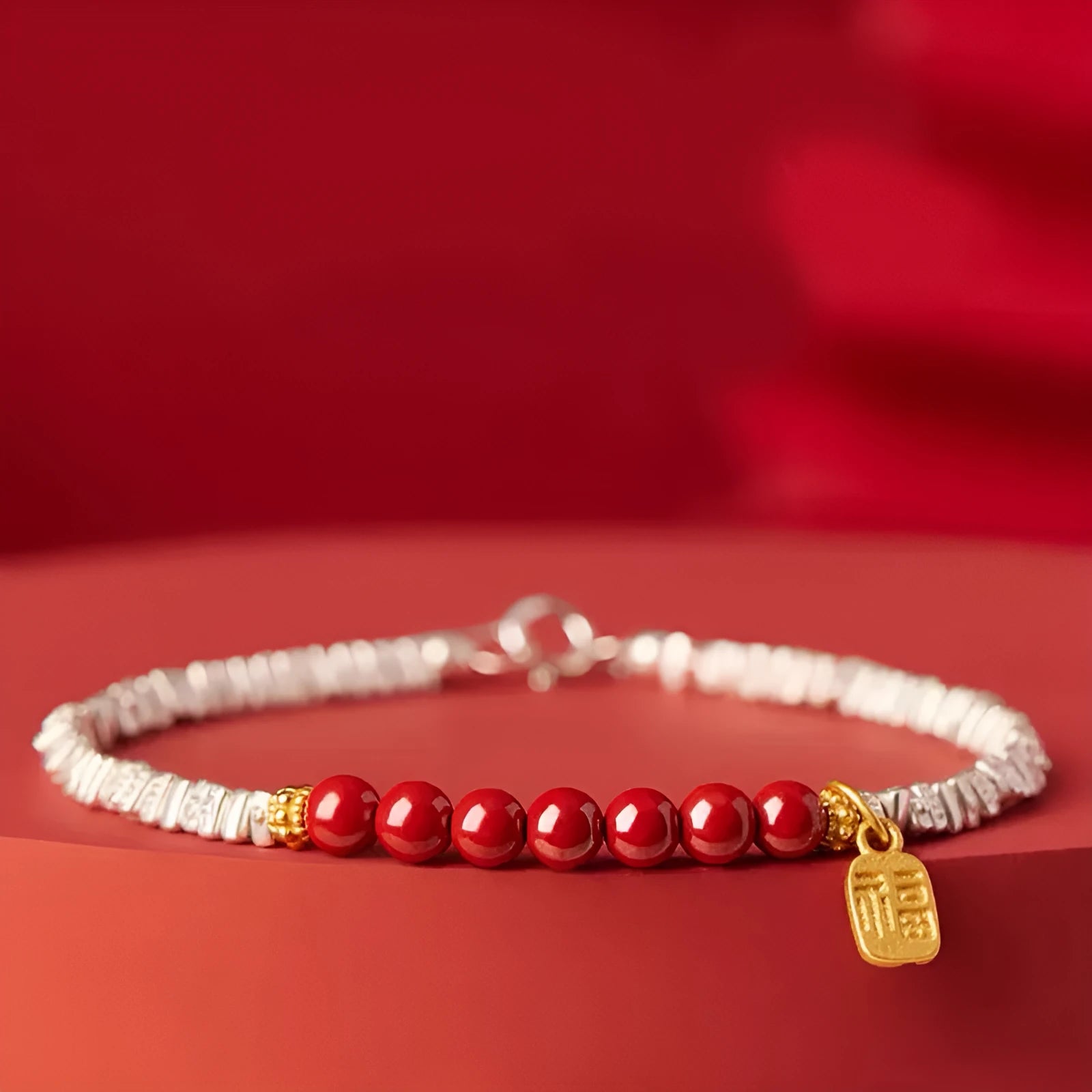 Silver electroplated copper couple bracelet with white K geometric round beads 16cm length