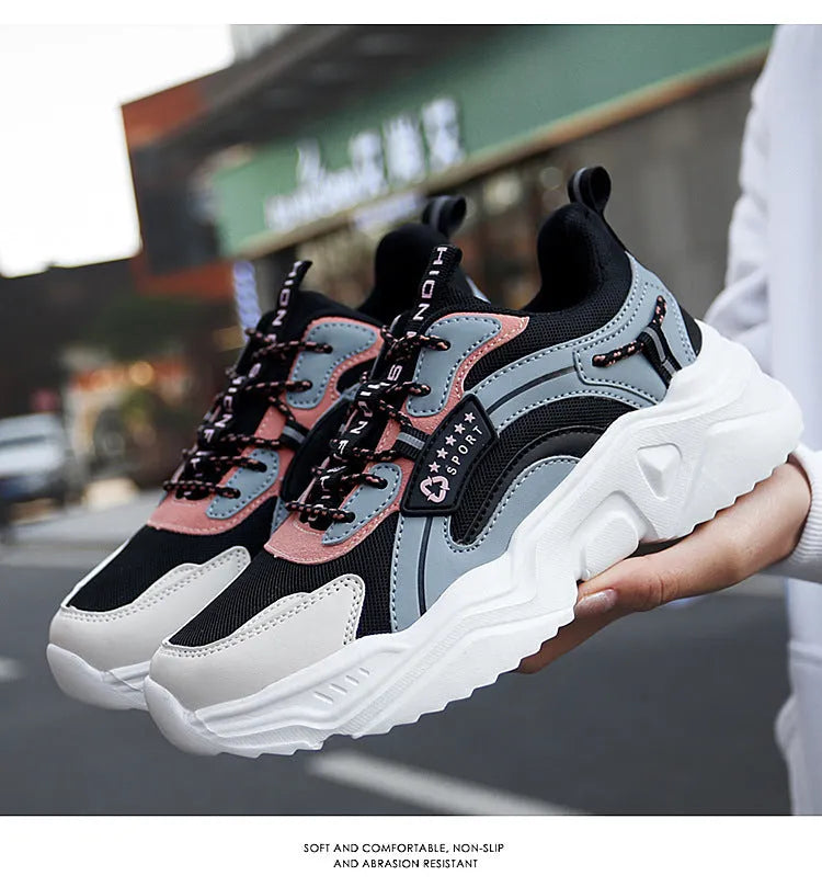 Women's white thick-soled casual sports shoes with mesh upper and 3-5cm mid-heel