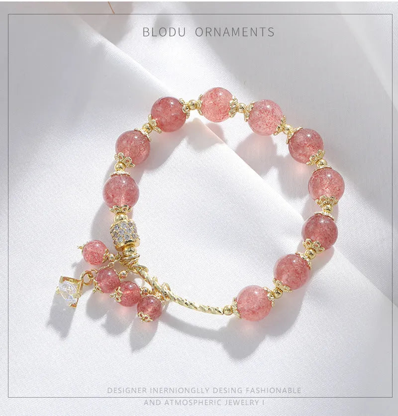 Pink strawberry quartz crystal heart bracelet with pearl beads for women