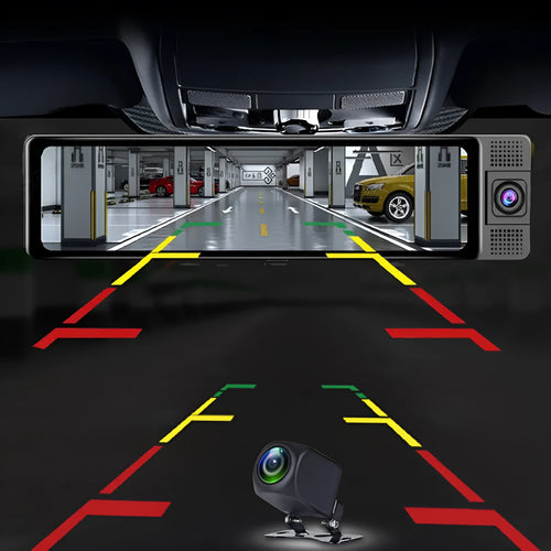 12-inch car rearview mirror dash cam with touchscreen, showing front and rear camera views and a reversing image.
