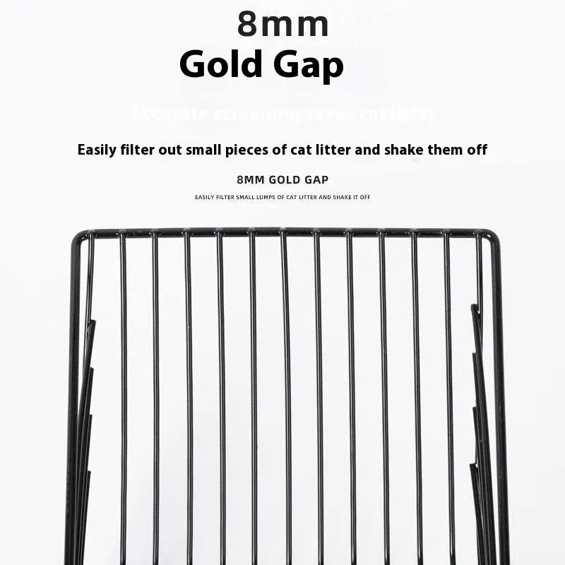 Black metal cat litter scoop with 0.8cm gap spacing between tines for efficient waste removal