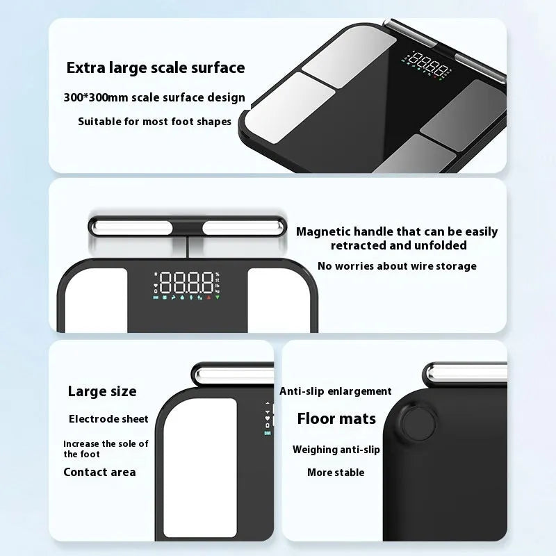 Black electronic weighing scale with 30x30cm tempered glass platform and 2-inch colour screen display