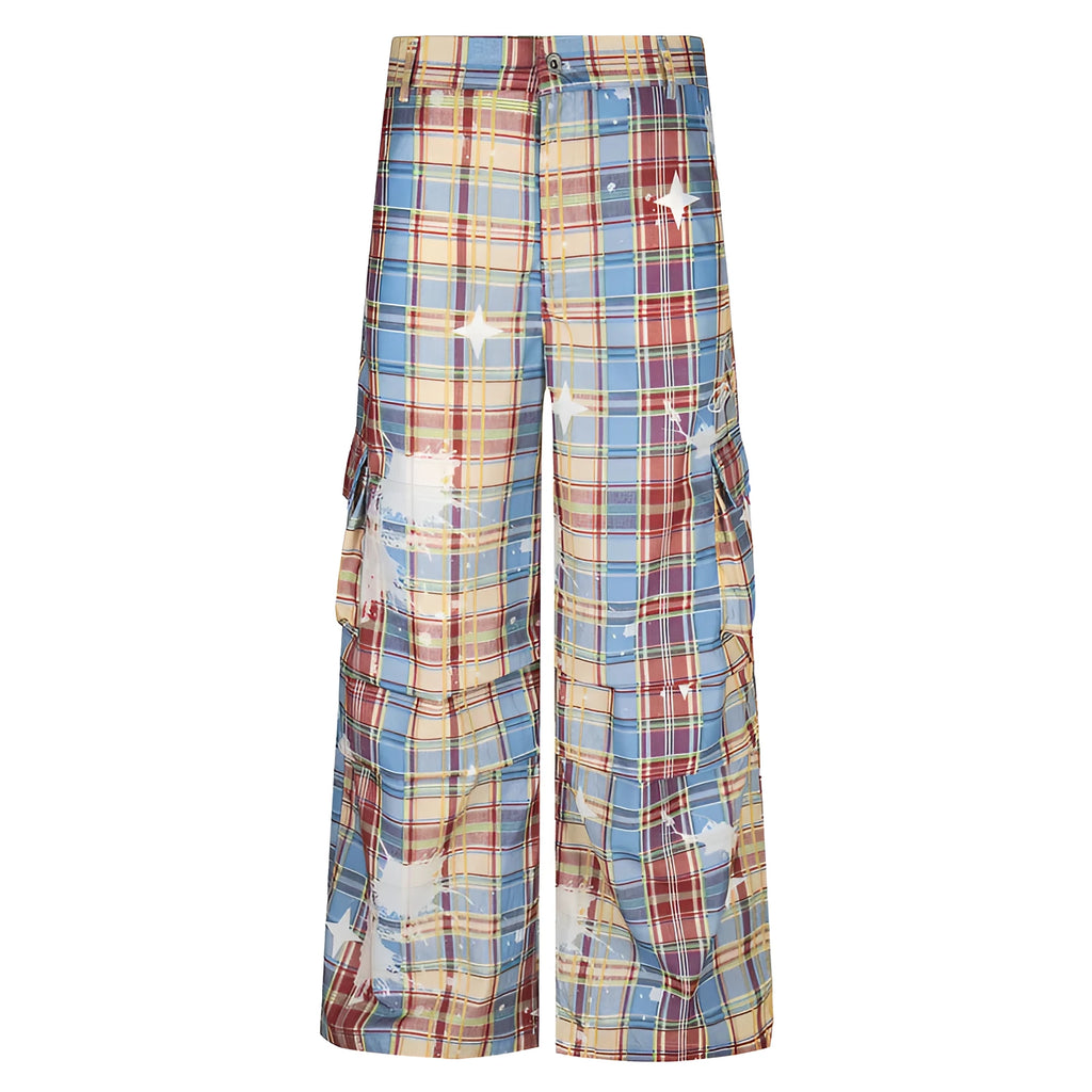 Men's blue and yellow plaid straight-leg trousers laid flat showing retro pattern
