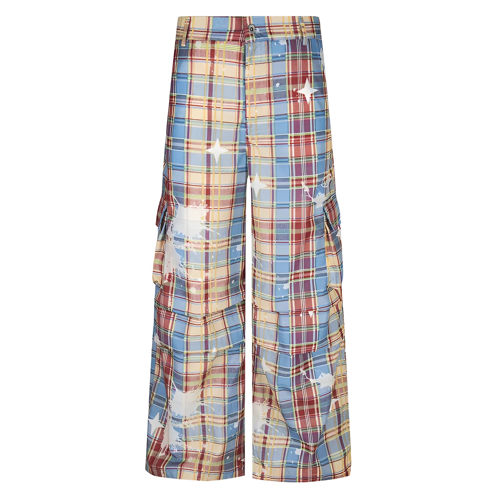 Men's blue and yellow plaid straight-leg trousers laid flat showing retro pattern